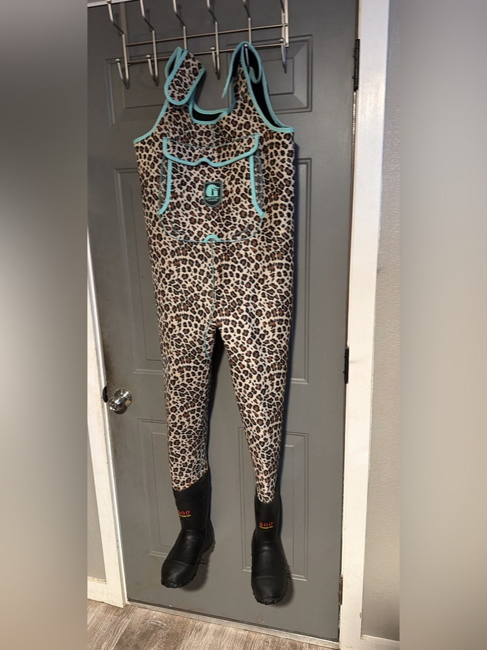 Leopard Print One-Piece Waders with Teal Trim